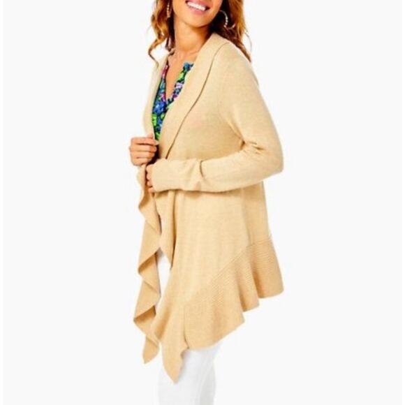 Lilly Pulitzer Medium Abelle Cashmere Blend Gold Tan Metallic Waterfall Cardigan - Picture 1 of 8